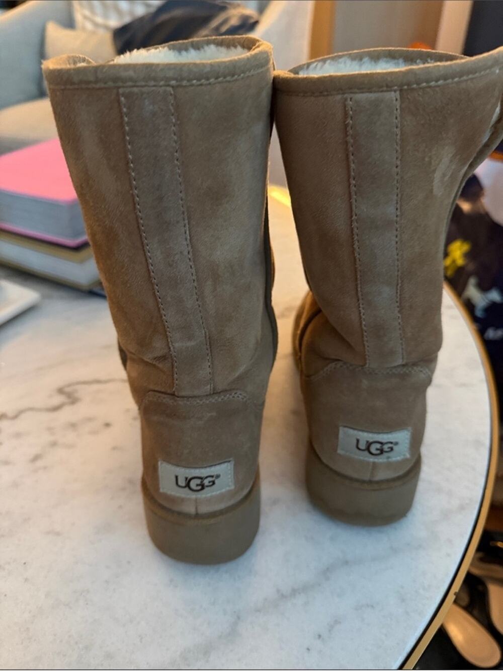 🗽UGG Kristin Wedge Mid-Calf Suede Shearling Boots in Tan